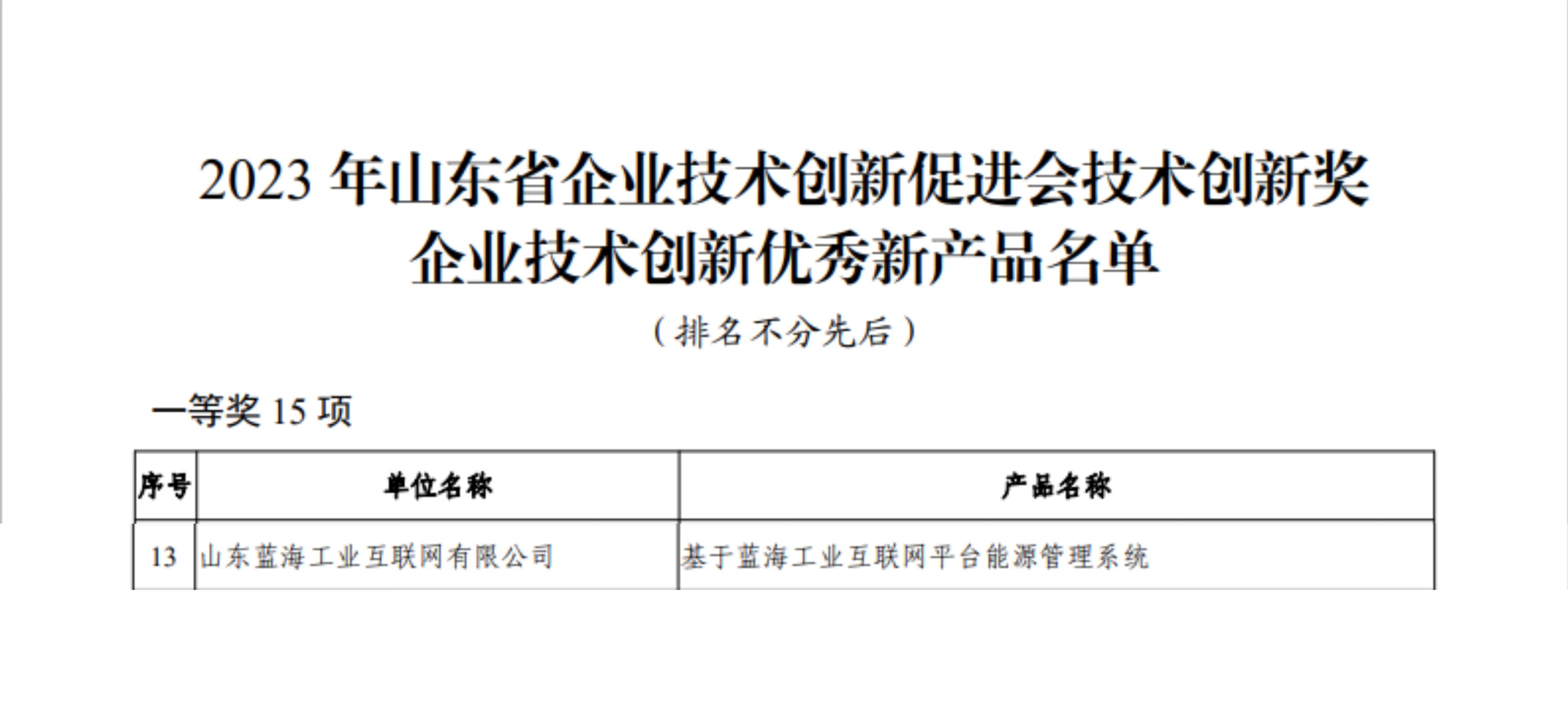 山东蓝海工业互联网有限公司能源管理系统荣获2023年山东省企业技术创新促进会技术创新奖一等奖